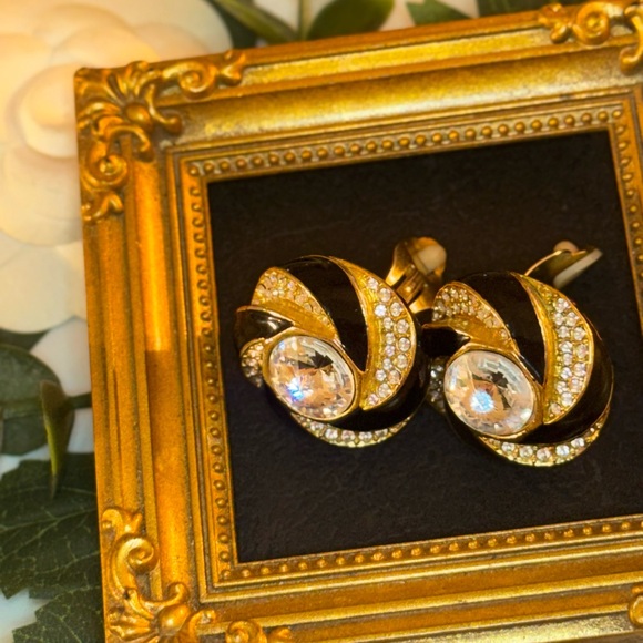 VTG Black Enamel and Crystal Swirl Earrings - Picture 16 of 16